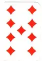 Neuf de carreau, jeu hongrois. La valeur de la carte n'est pas indiquée en chiffre dans les coins.
