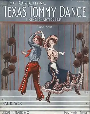 Couverture de partition musicale montrant des danseurs dansant le Texas Tommy, illustrée par Walter P. Starmer&nbsp;(en) (1914).